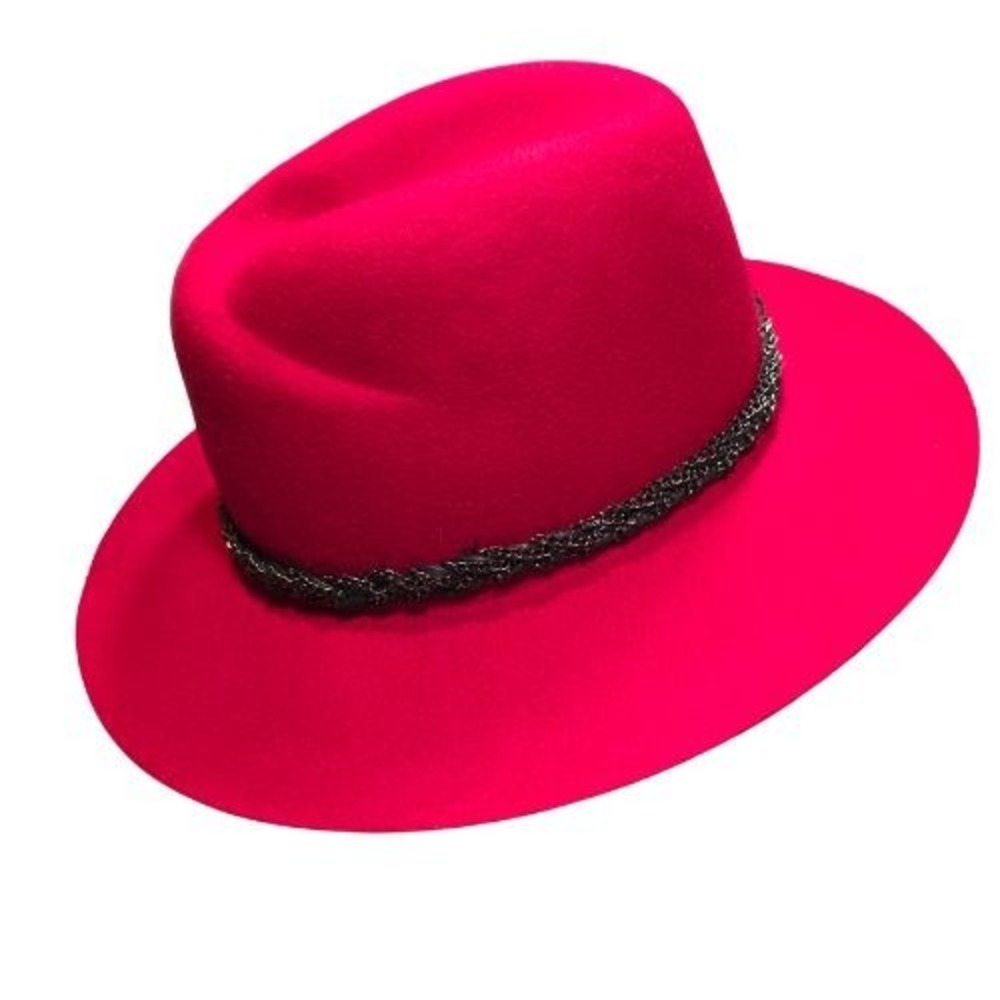 C.C Exclusives Red 100% Wool Fedora Hat Wide Brim Braided Band Teardrop Crown